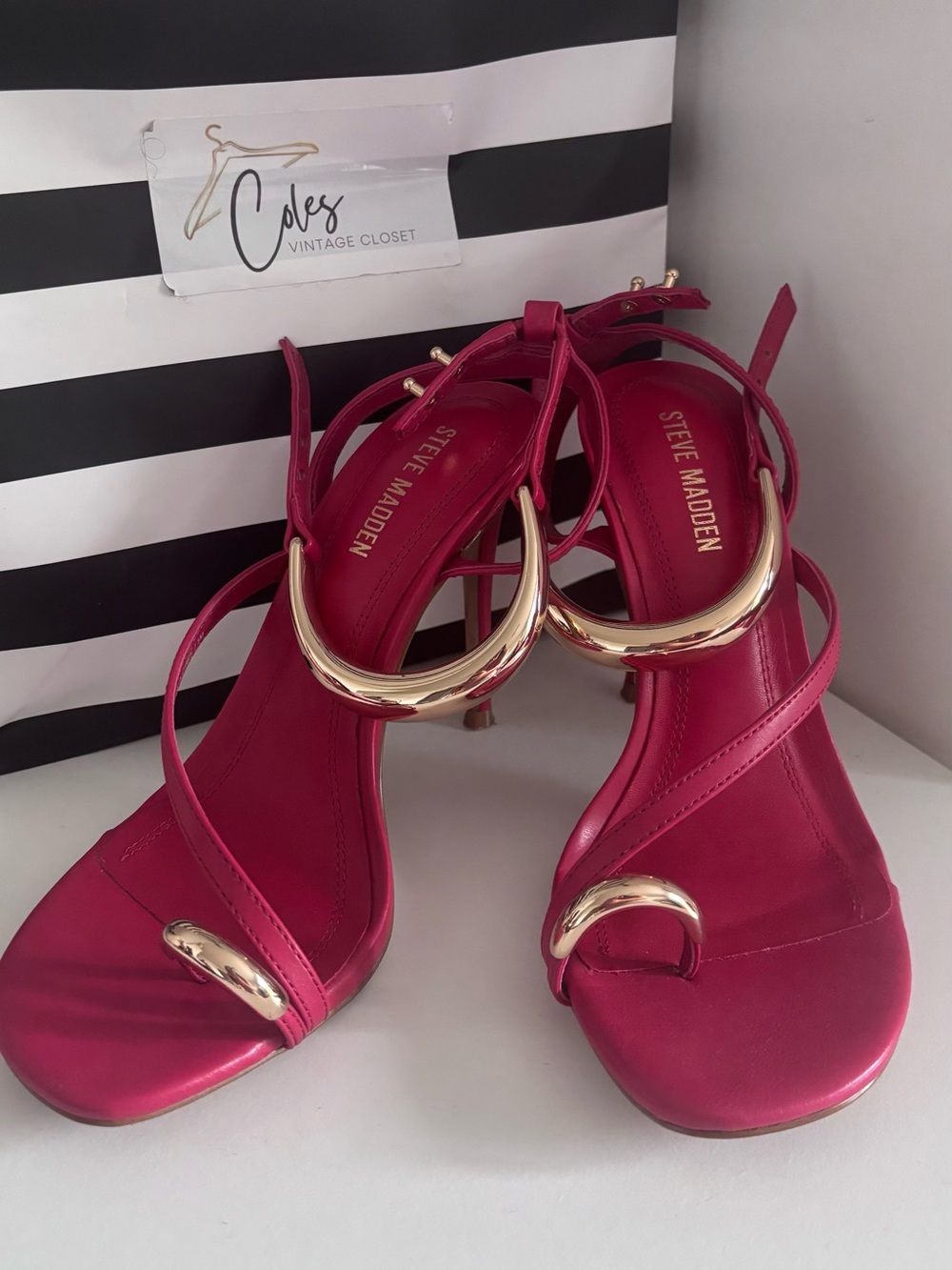 Steve Madden Fuchsia Open-Toe Strappy Heels with Gold Rings